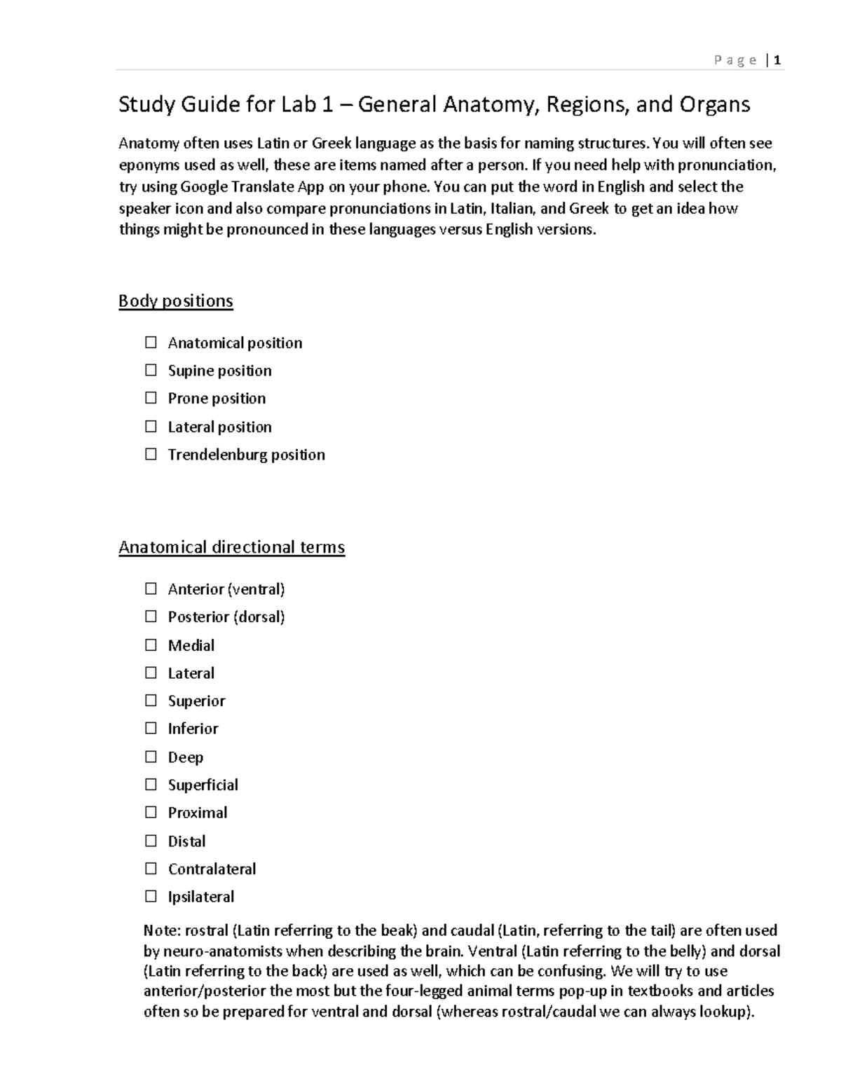 Study Guide for Lab 1: General Anatomy, Regions, and Organ Systems ...