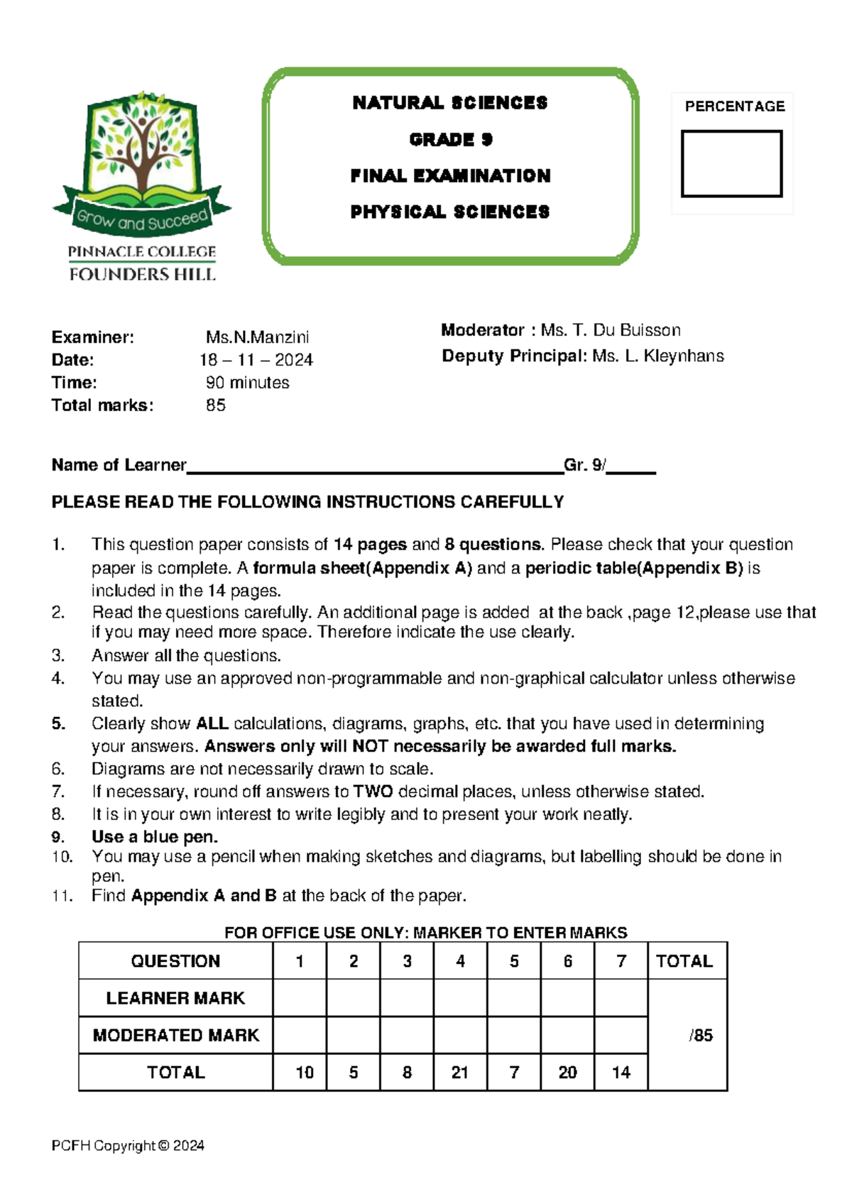 NATURAL SCIENCES GRADE 9 FINAL EXAMINATION PHYSICAL SCIENCES - Studocu