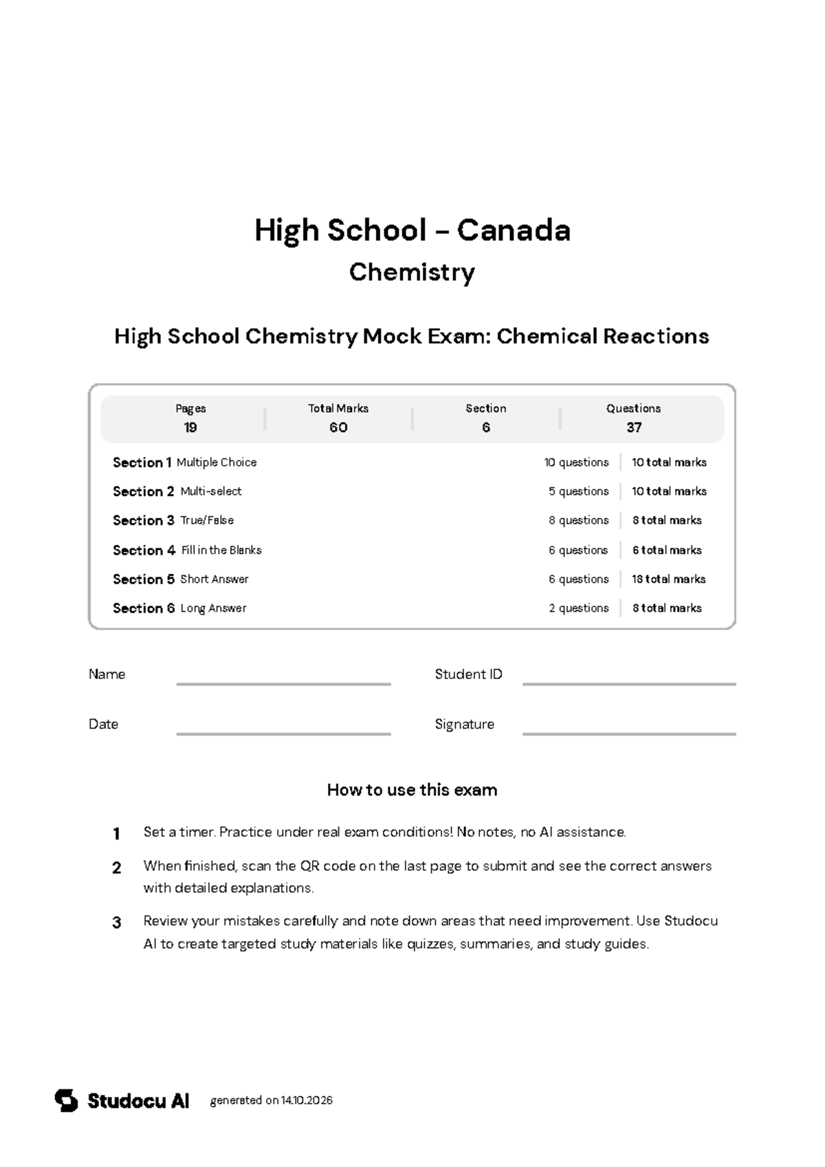 High School Chemistry Mock Exam: Chemical Reactions - Studocu