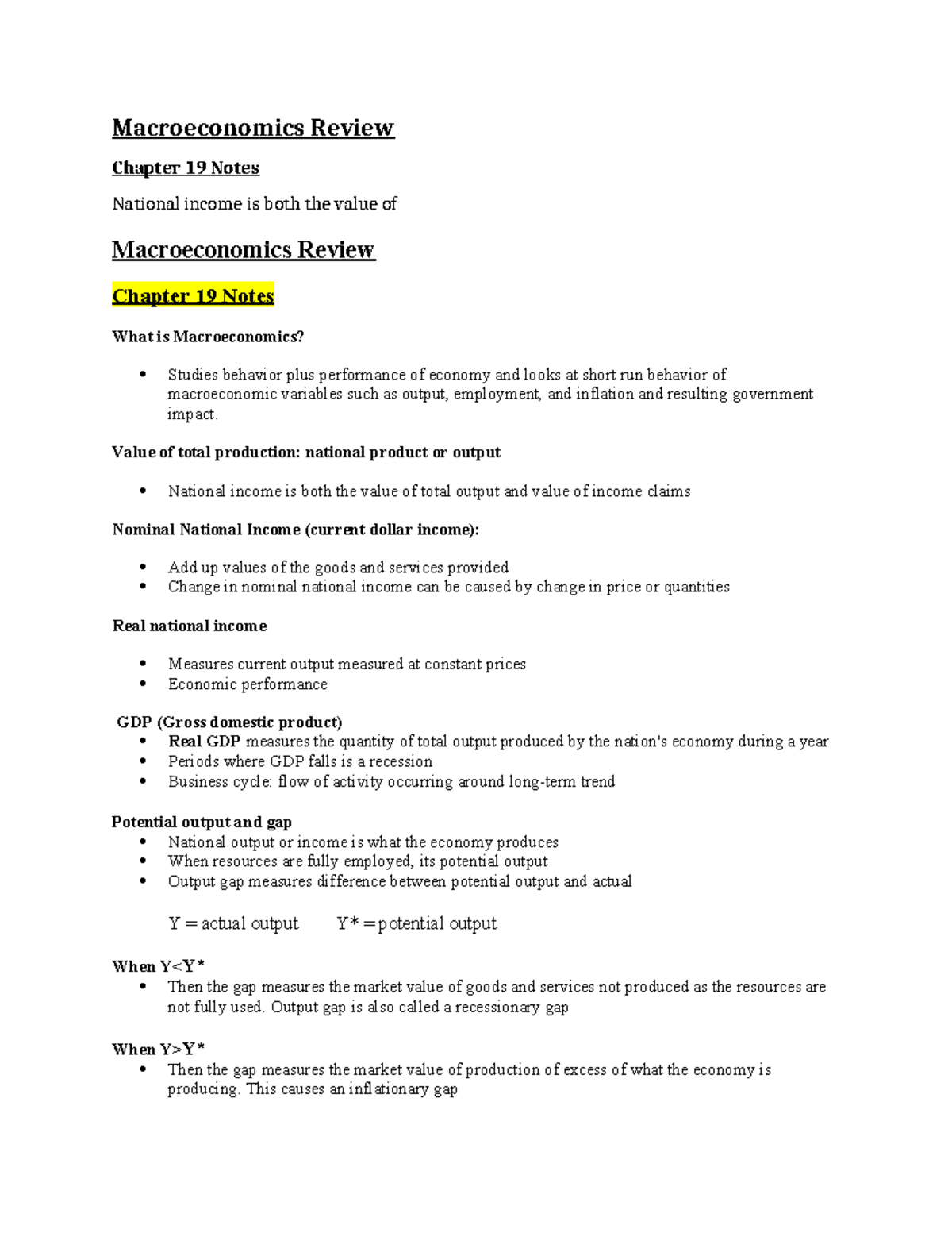Midterm Study Review - Macroeconomics Review Chapter 19 Notes National ...