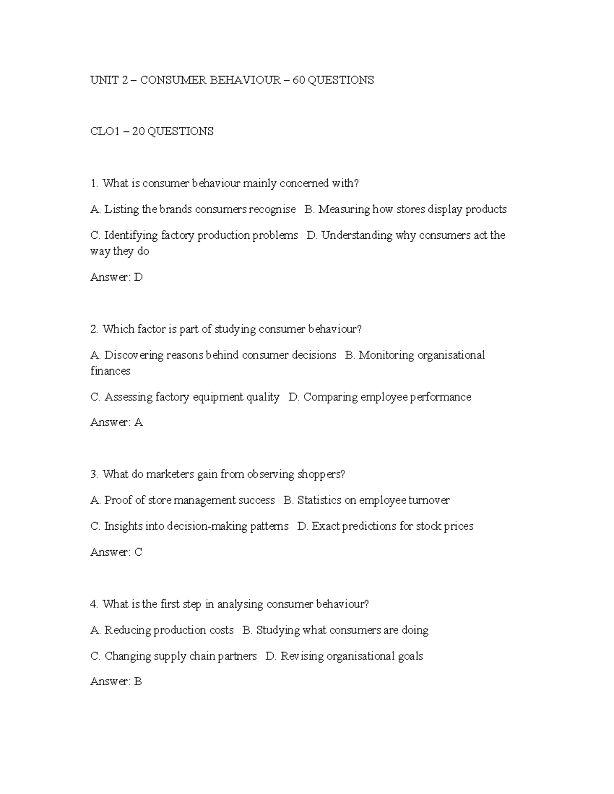 UNIT 2 CONSUMER BEHAVIOUR EXAM QUESTIONS & ANSWERS - Studocu