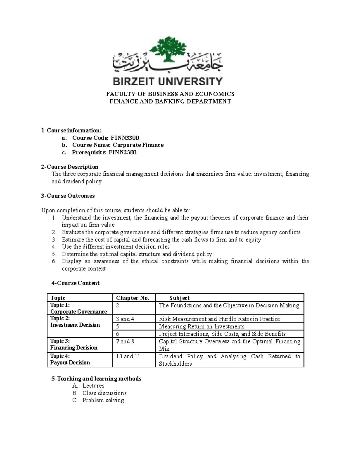 Finn 3300 course syllabus Fall 2022 - FACULTY OF BUSINESS AND ECONOMICS ...
