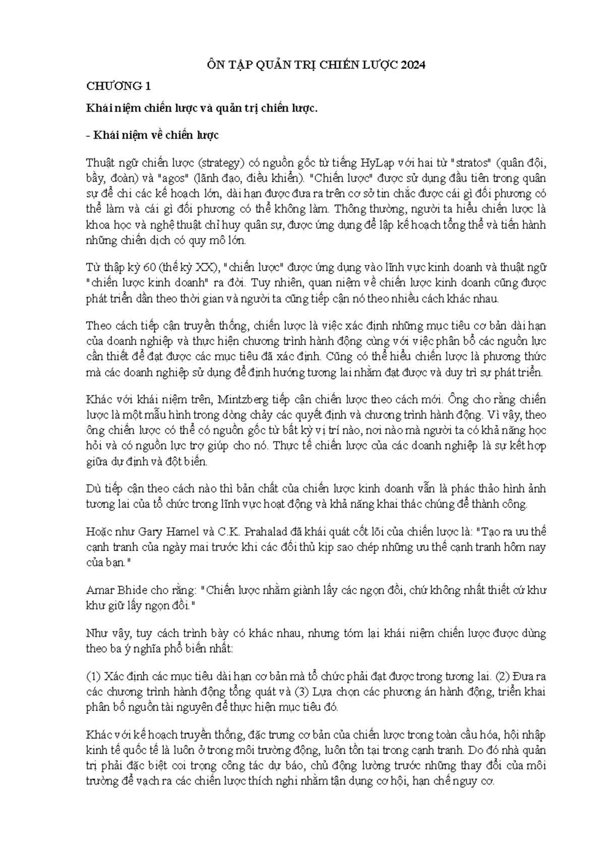 ÔN TẬP QUẢN TRỊ CHIẾN LƯỢC 2024 - CHƯƠNG 1 VÀ 2: Khái Niệm và Chiến Lược - Document Preview