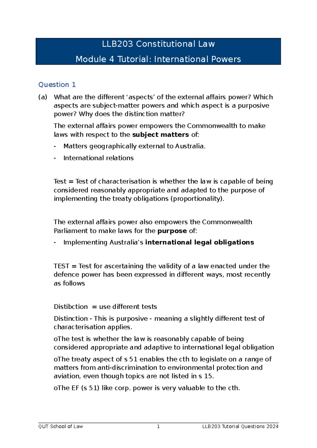 LLB203 Module 4 Tutorial Questions on International Powers (6pm class ...