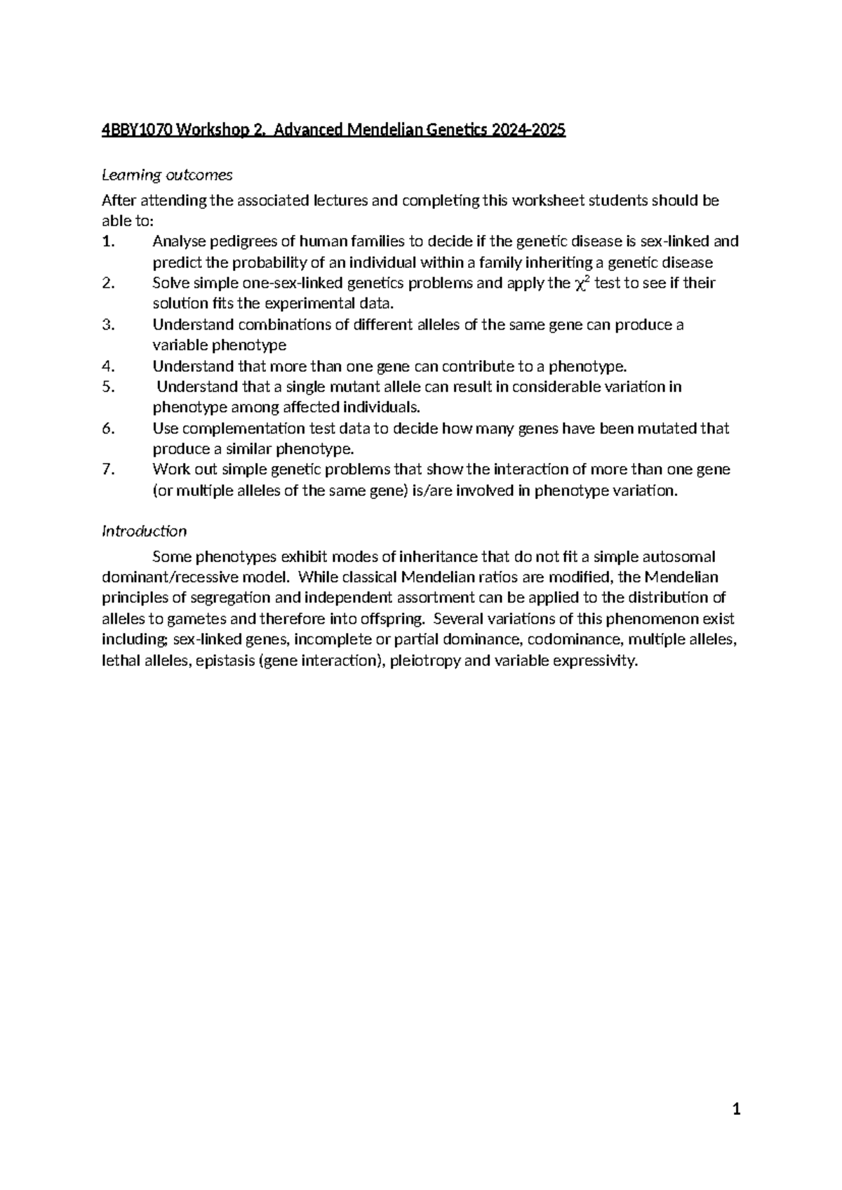 4BBY1070 Workshop 2: Advanced Mendelian Genetics Overview and Outcomes ...