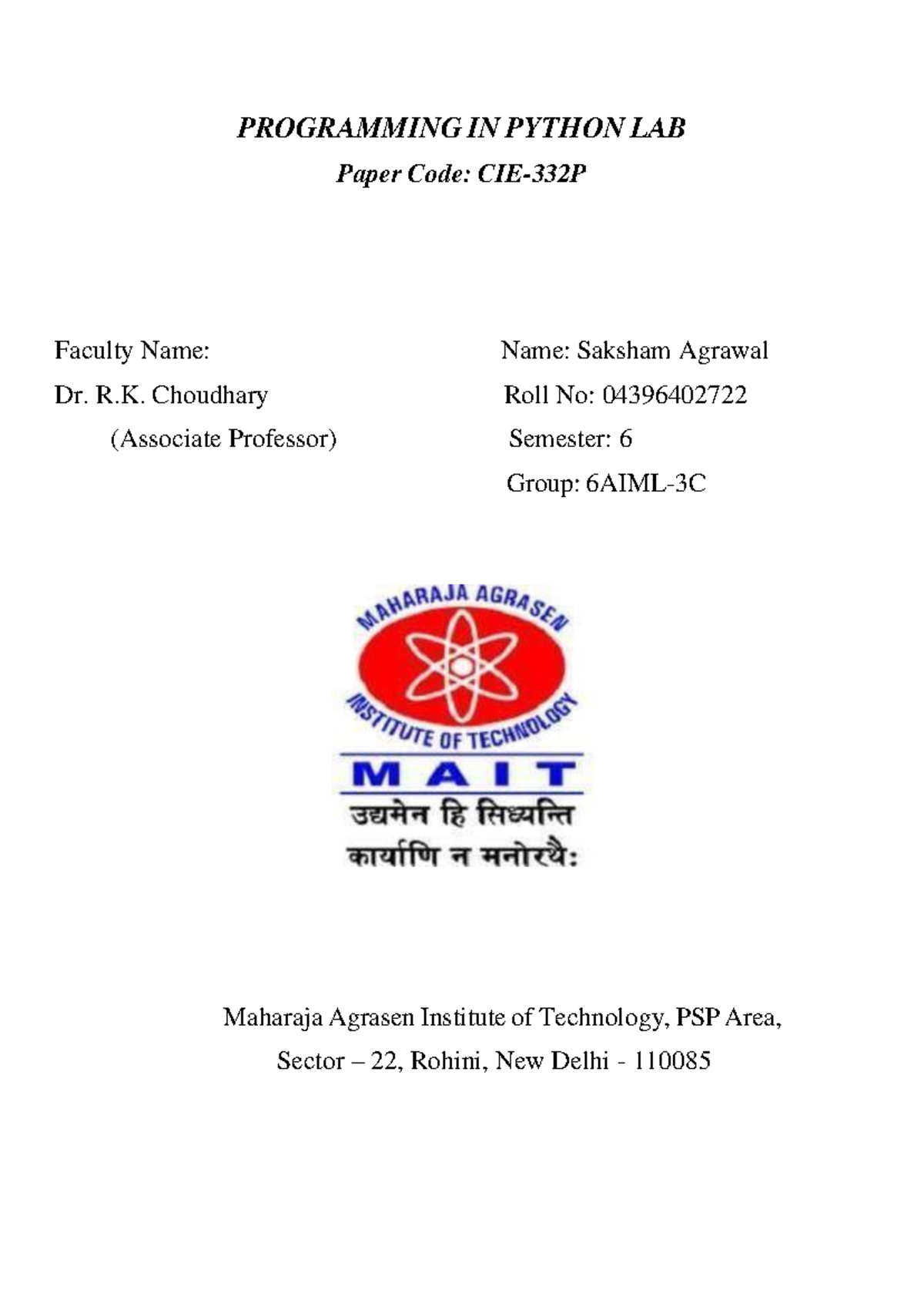 Programming IN Python LAB saksham - PROGRAMMING IN PYTHON LAB Paper ...