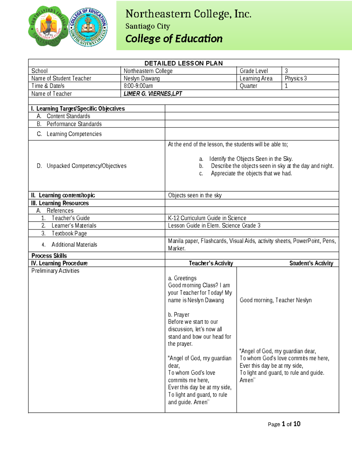 Detailed Lesson Plan on Objects Seen in the Sky - Grade 3 Science (DLP ...