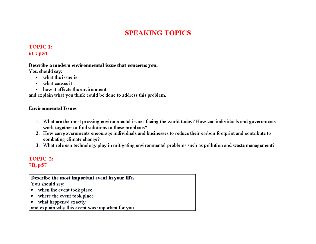 Speaking Topic - hay lam - SPEAKING TOPICS TOPIC 1: 6C: p Describe a ...