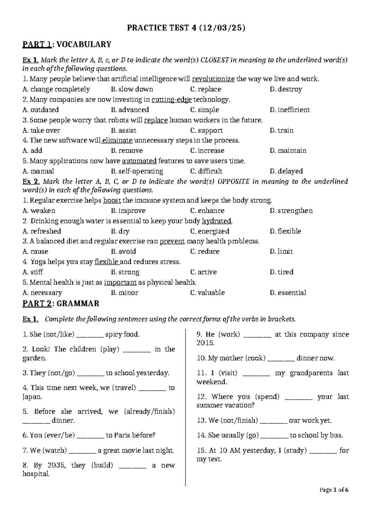 Practice Test 4 (12-3-25): Vocabulary, Grammar, Reading & Writing - Studocu
