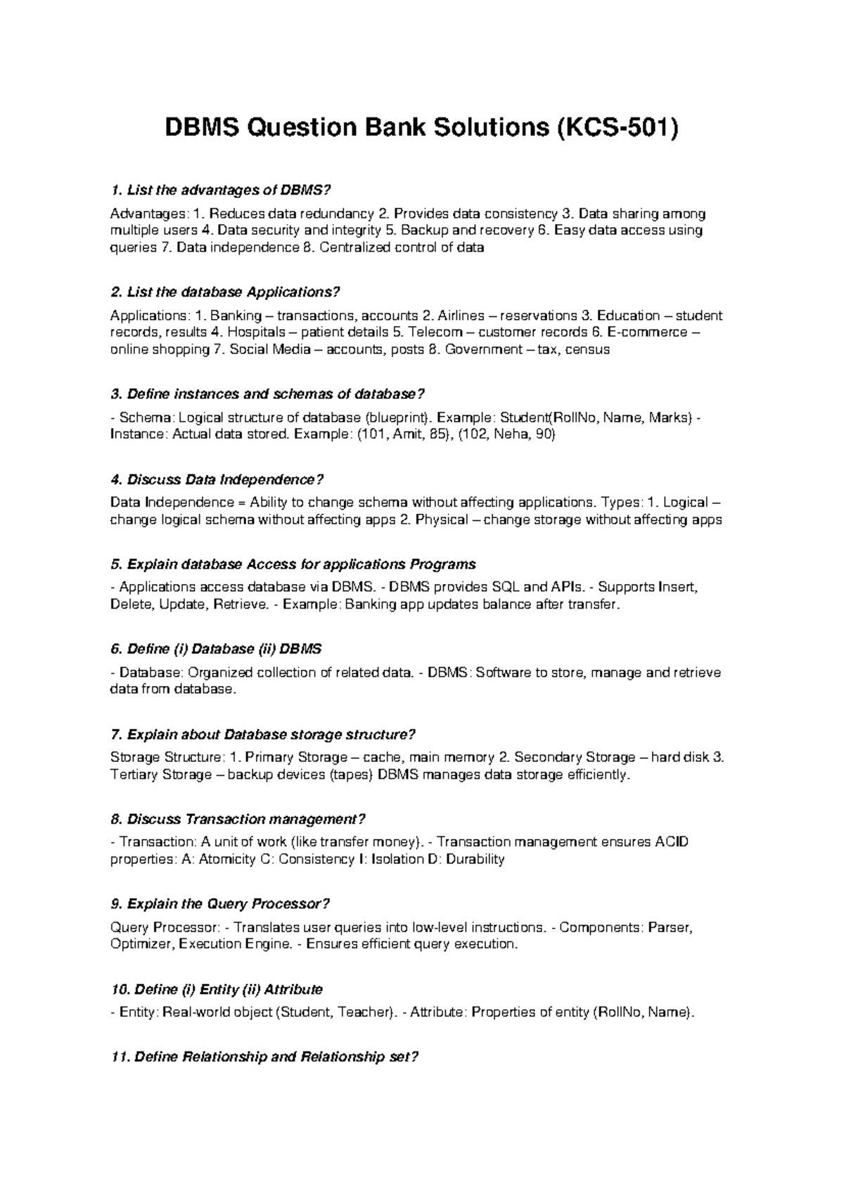 DBMS 101: Comprehensive Question Bank Solutions - Studocu