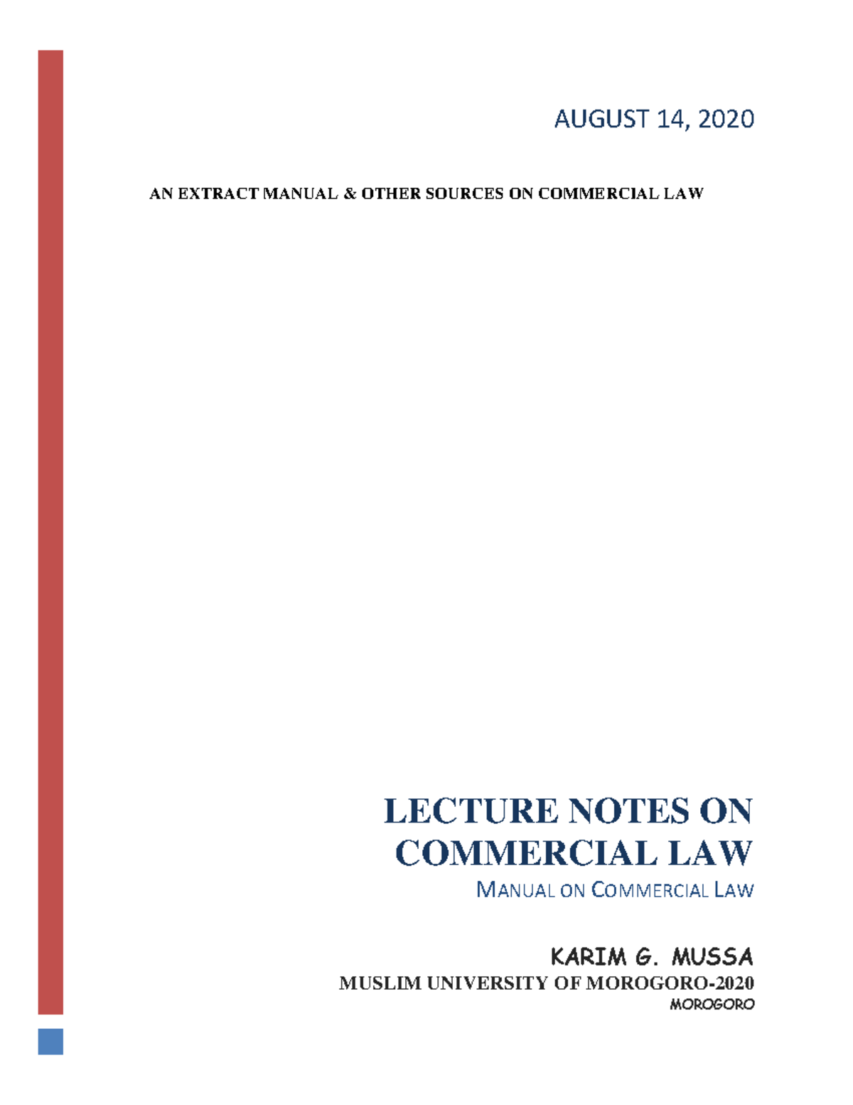 Lecture Notes ON Commercial LAW - AN EXTRACT MANUAL & OTHER SOURCES ON ...