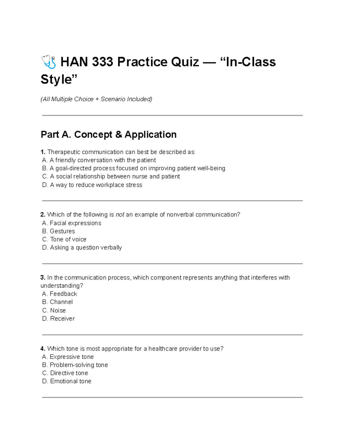 HAN Practice Quiz: Therapeutic Communication Concepts and Scenarios ...