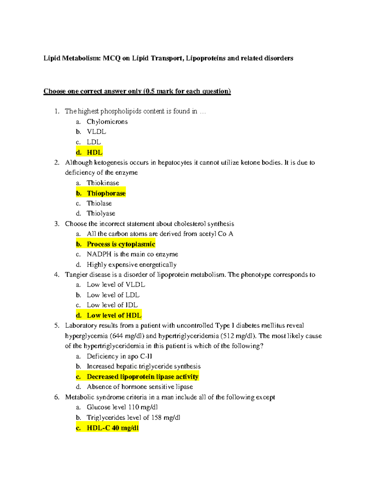 MCQ on Lipoproteins & Disorders: Lipid Metabolism Insights (BIO 301 ...