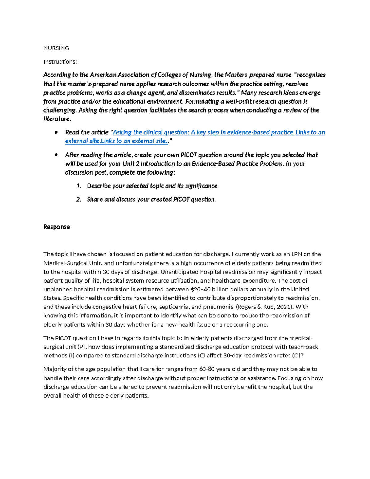 NURSING 10 - Discussion on PICOT Question for Discharge Education - Studocu
