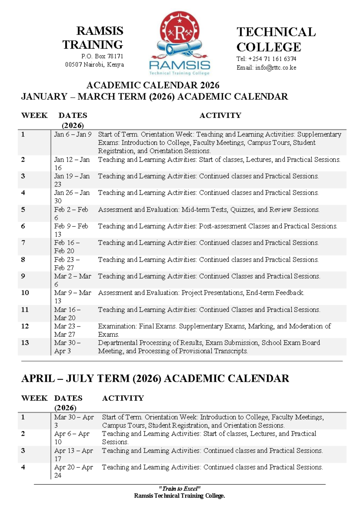 Academic Calendar 2026: Ramsis Technical Training College - Studocu