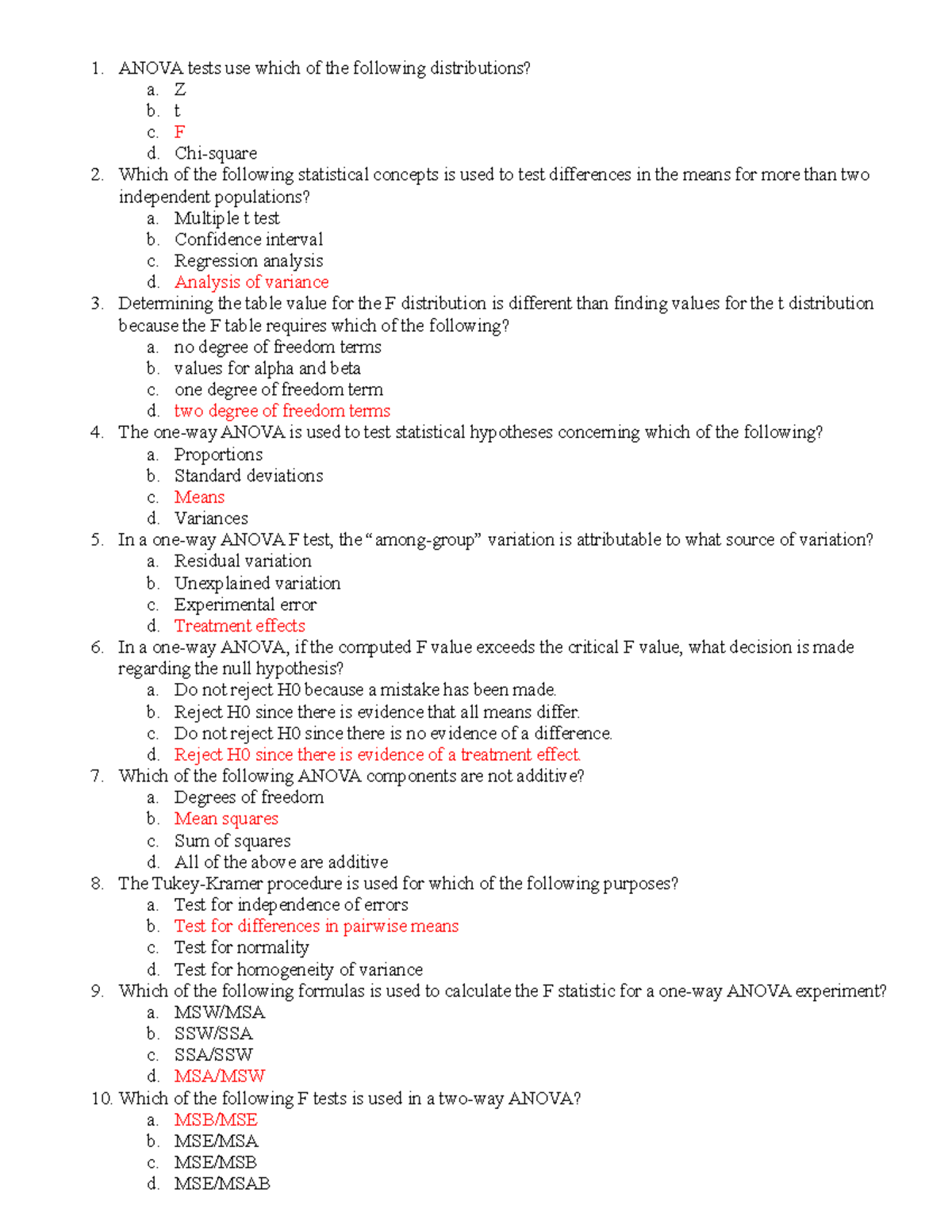 MCQ Notes for Chapter 11: ANOVA Concepts and Applications - Studocu