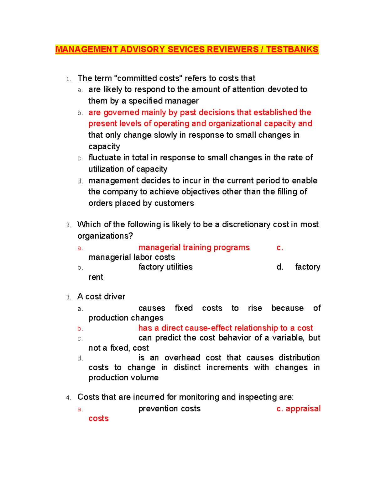 Management Advisory Services Testbank Review - Key Topics & Concepts ...