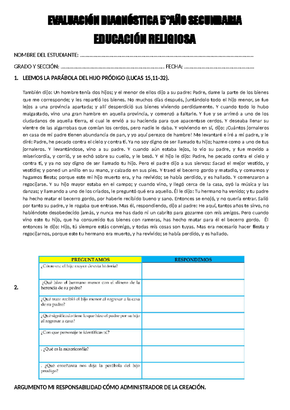 Evaluación Diagnóstica de Educación Religiosa 5° Año Secundaria - Document Preview