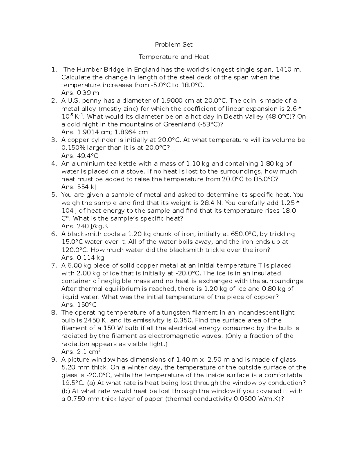 Phys - Problem Set: Temperature, Heat, Sound & Waves Questions - Studocu