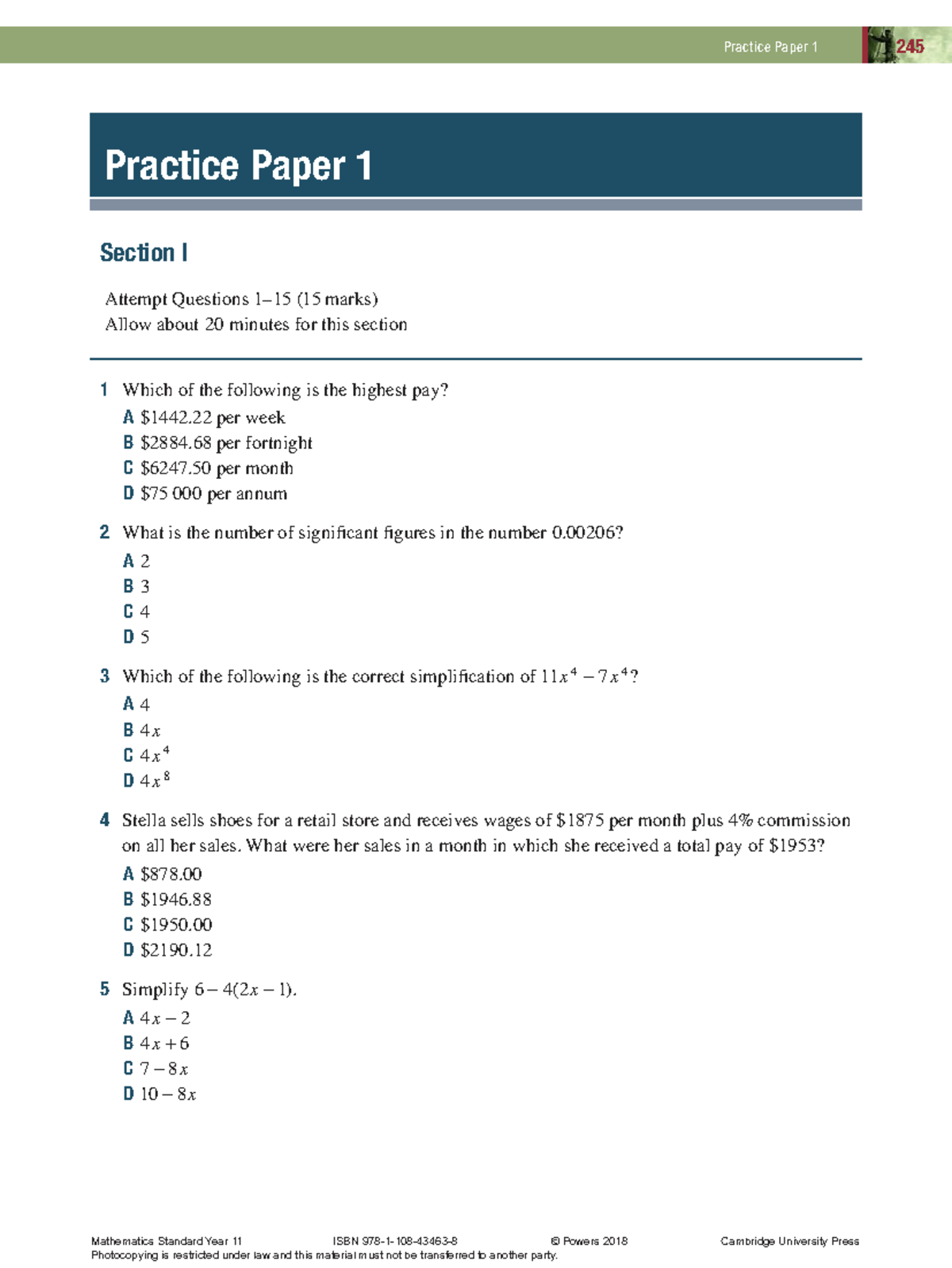 Year 11 Standard Mathematics Test Paper 1 from Cambridge Book - Studocu
