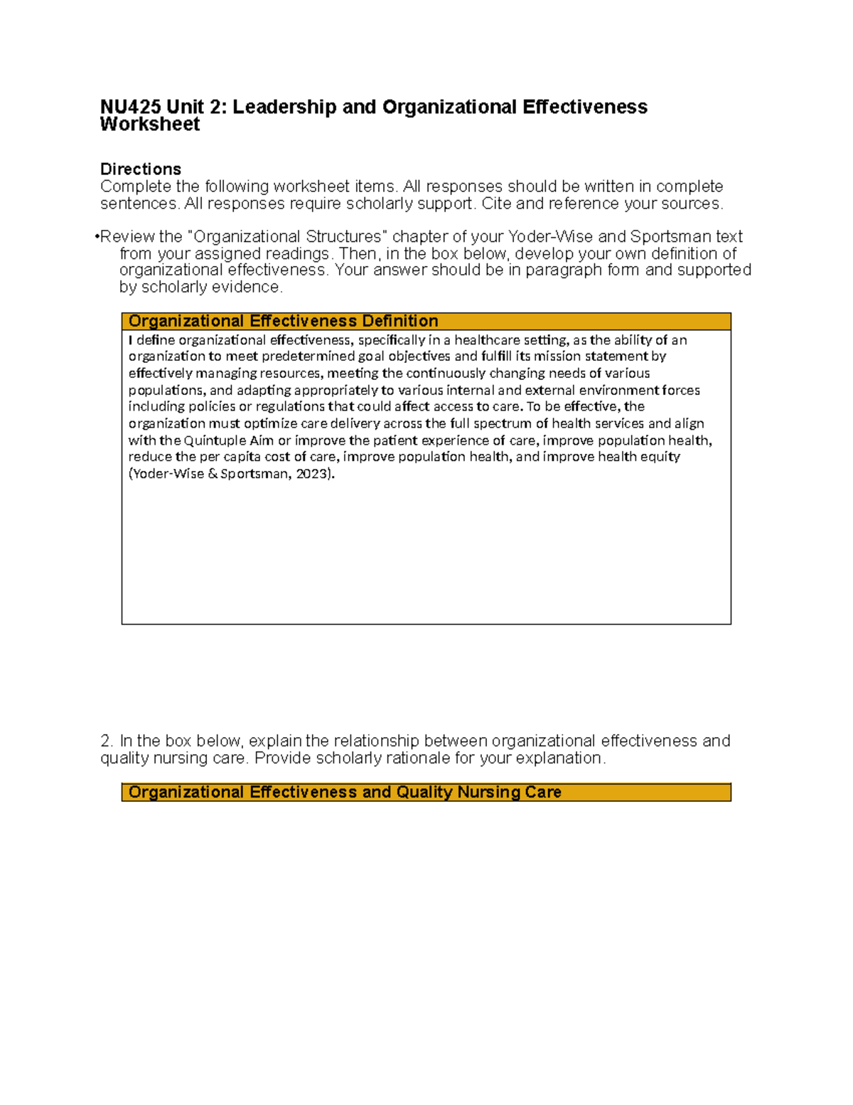 NU425 Unit 2: Leadership & Organizational Effectiveness Worksheet - Studocu