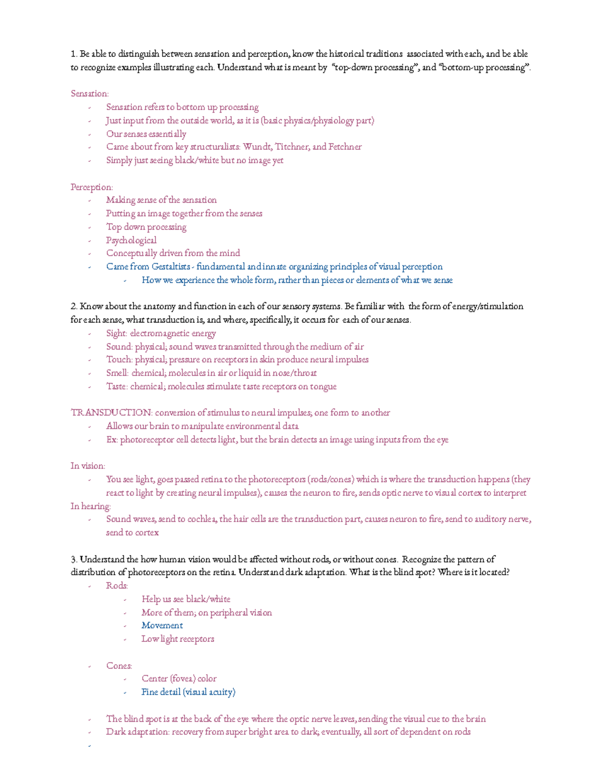 Sensation and Perception Study Guide for PSY 101 - Studocu