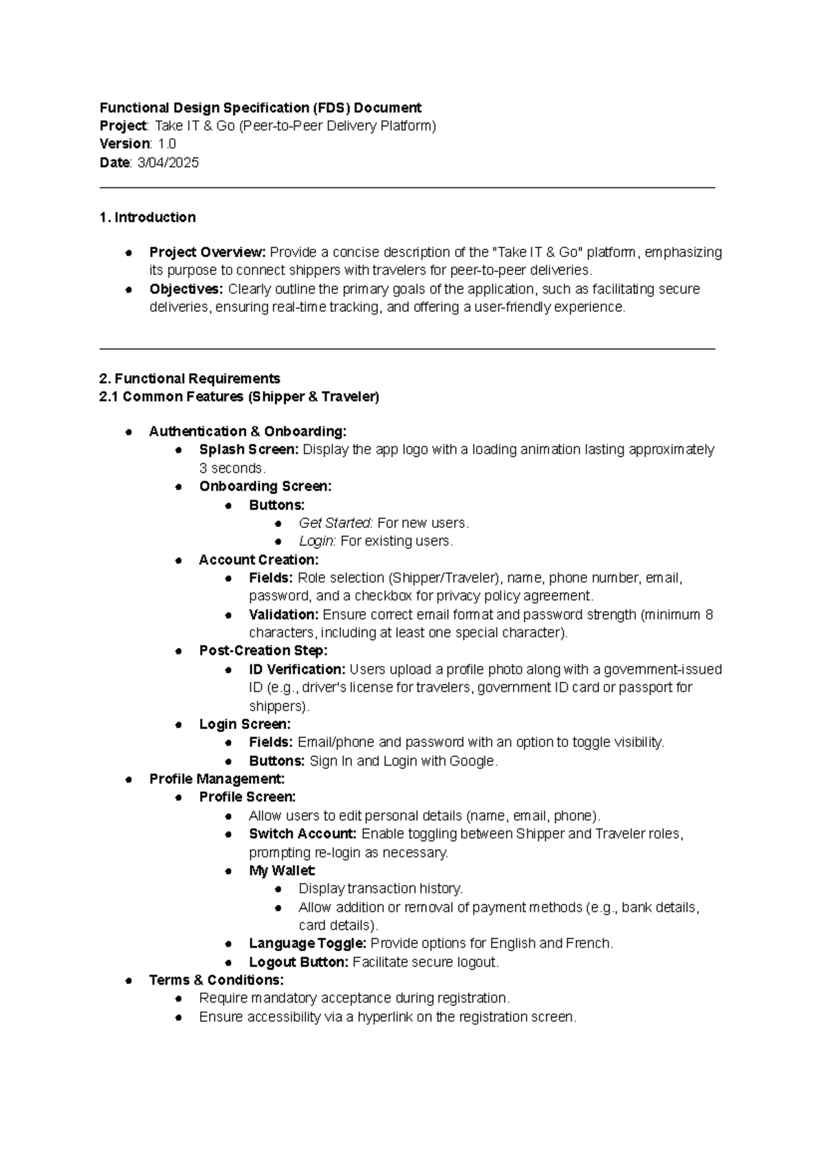 FSD: Functional Design Specification for Take IT Go Delivery Project ...