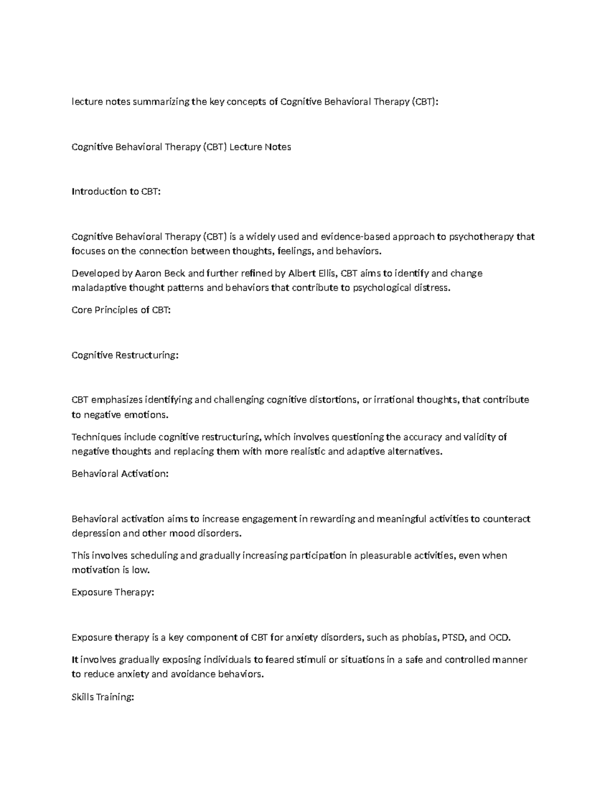Lecture Notes on Key Concepts of Cognitive Behavioral Therapy (CBT ...