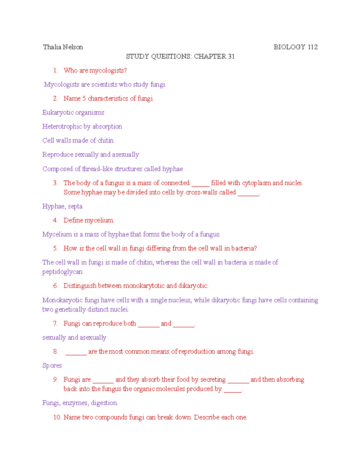 BIO 112 Final Exam Study Guide: Fungi Characteristics & Functions - Studocu