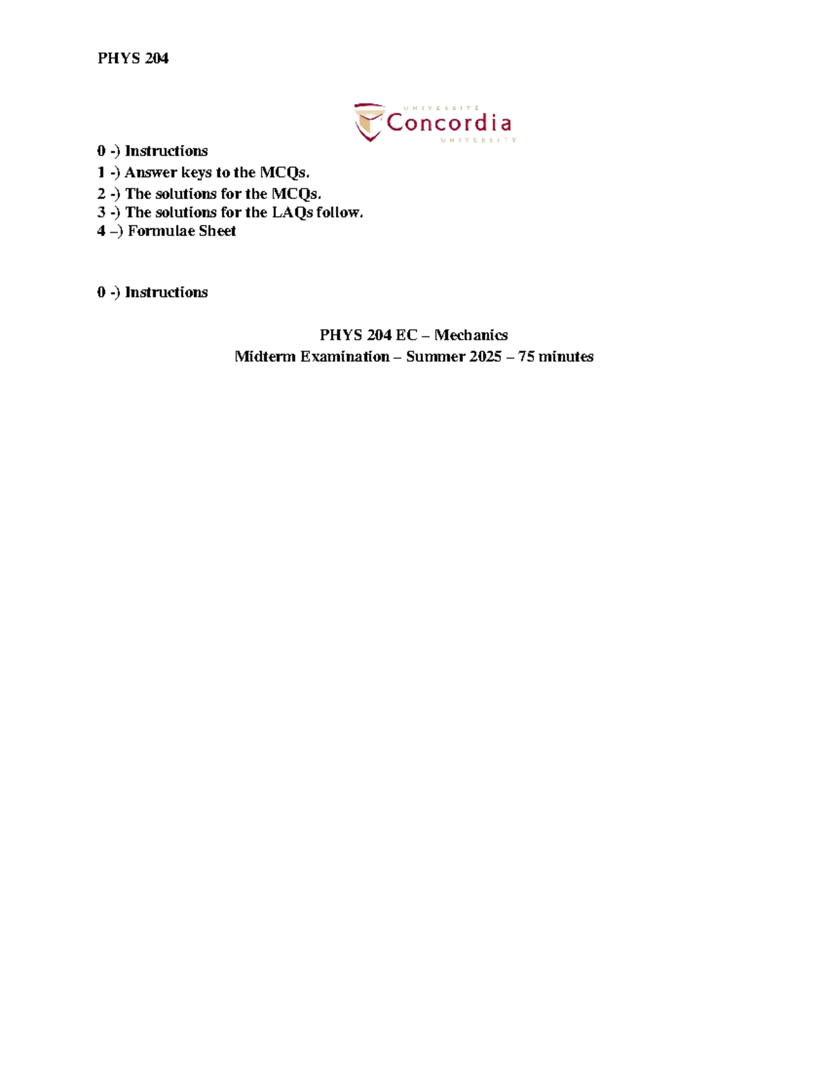 PHYS 204 - Midterm Exam Instructions & Answer Key - Summer 2025 - Studocu