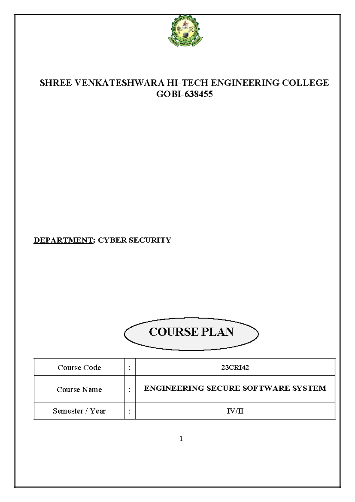Course Plan: Engineering Secure Software Systems (23CRI42) - Cyber ...