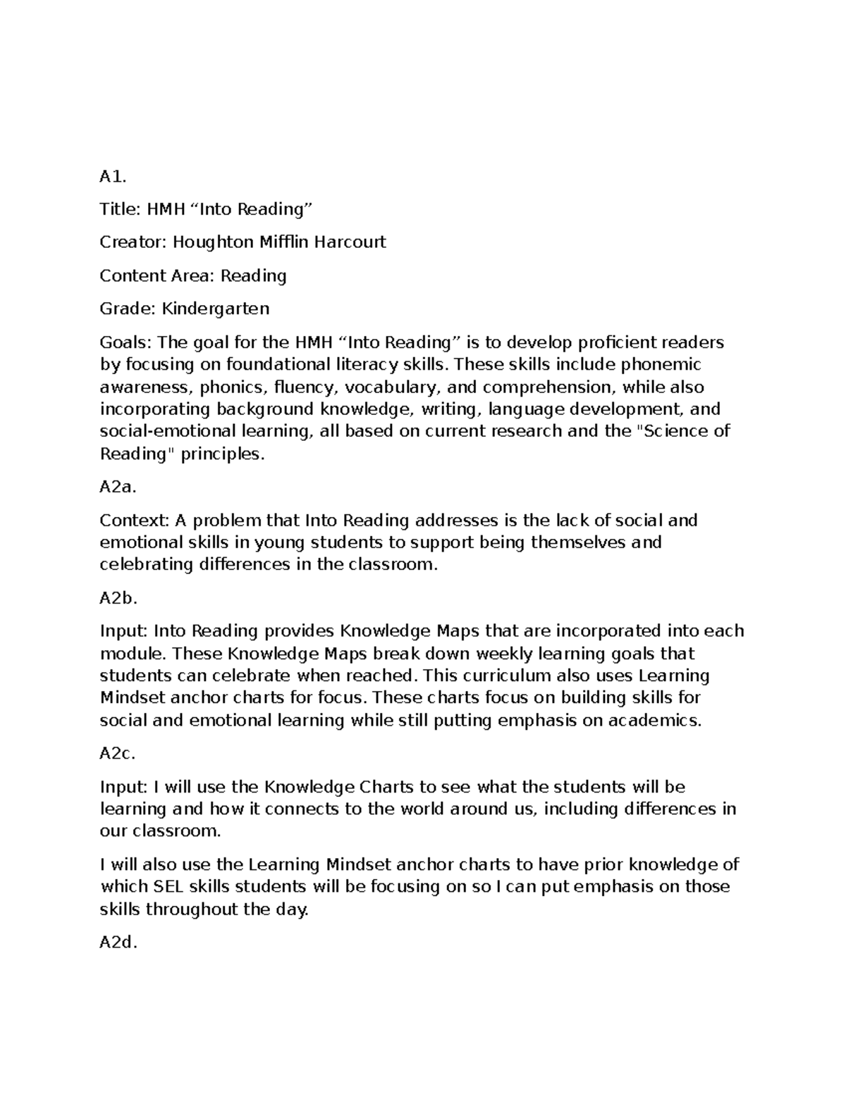 D630 Task 2 - Task about designing curriculum - A1. Title: HMH “Into ...