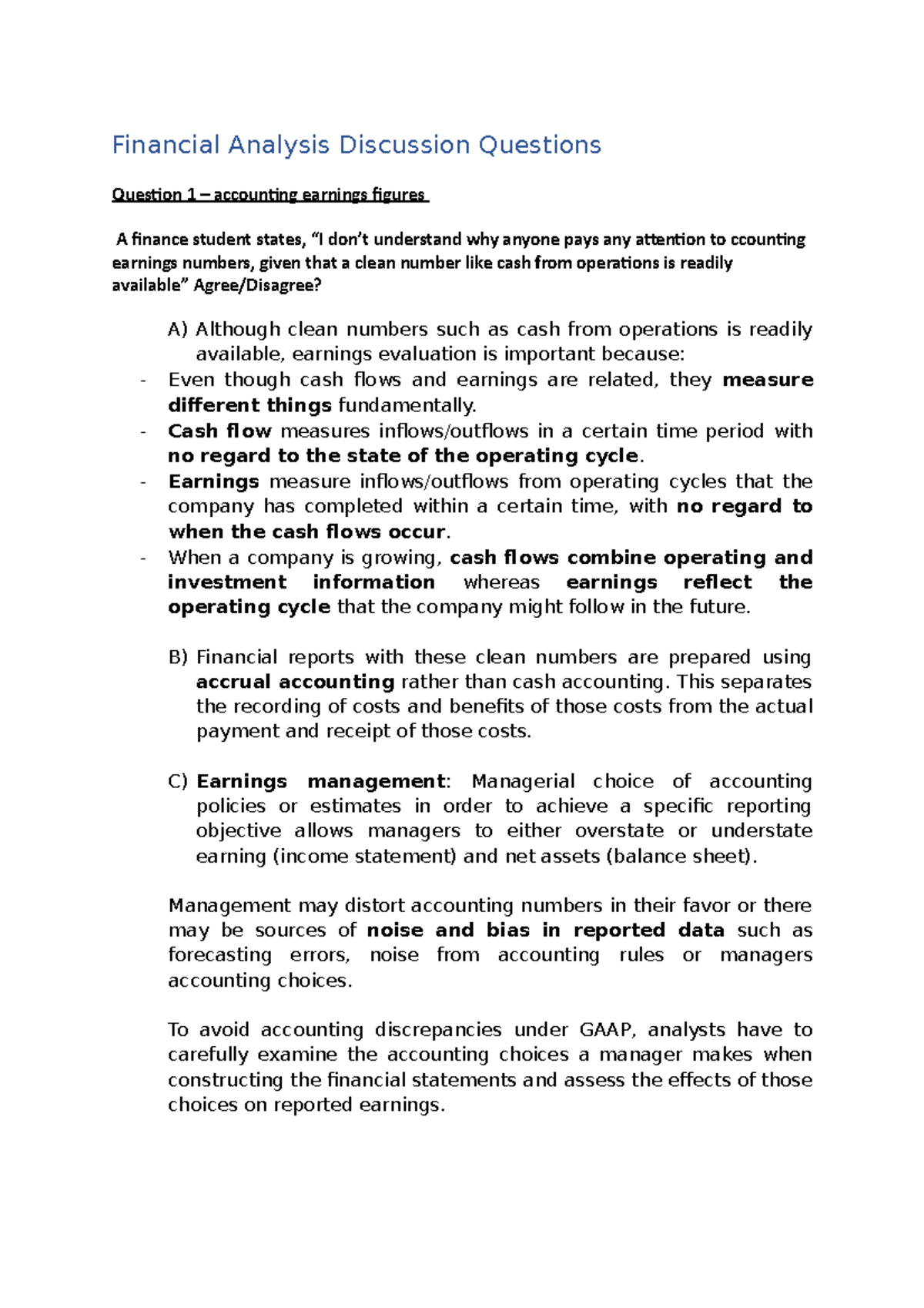 Financial Analysis Discussion Questions (Course Code: FIN 101) - Studocu