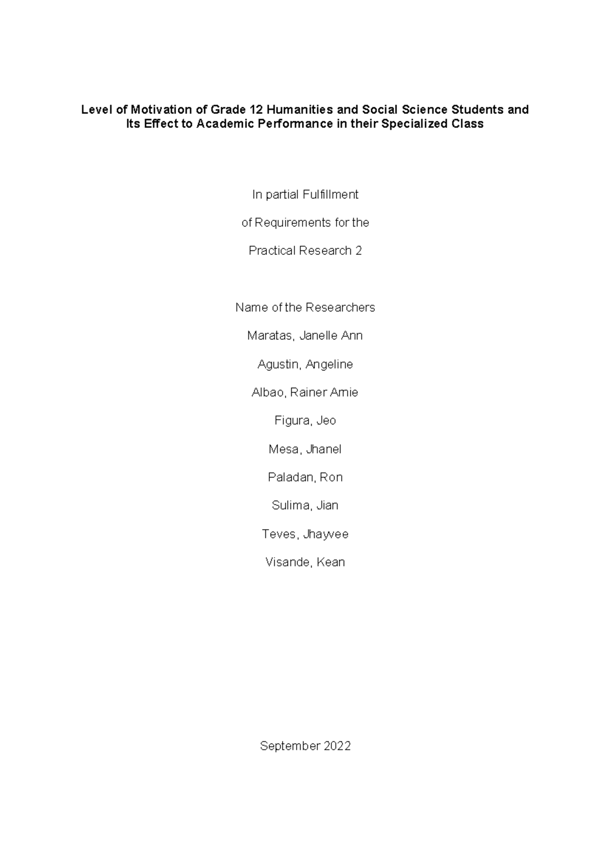 Level of Motivation and Its Impact on Grade 12 HUMSS Students' Academic ...