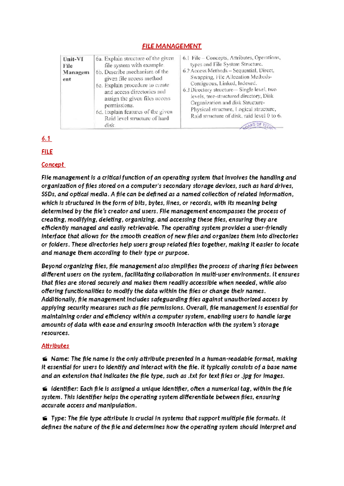 FILE Management 6 - osy notes 6 chapter - FILE MANAGEMENT 6. FILE ...
