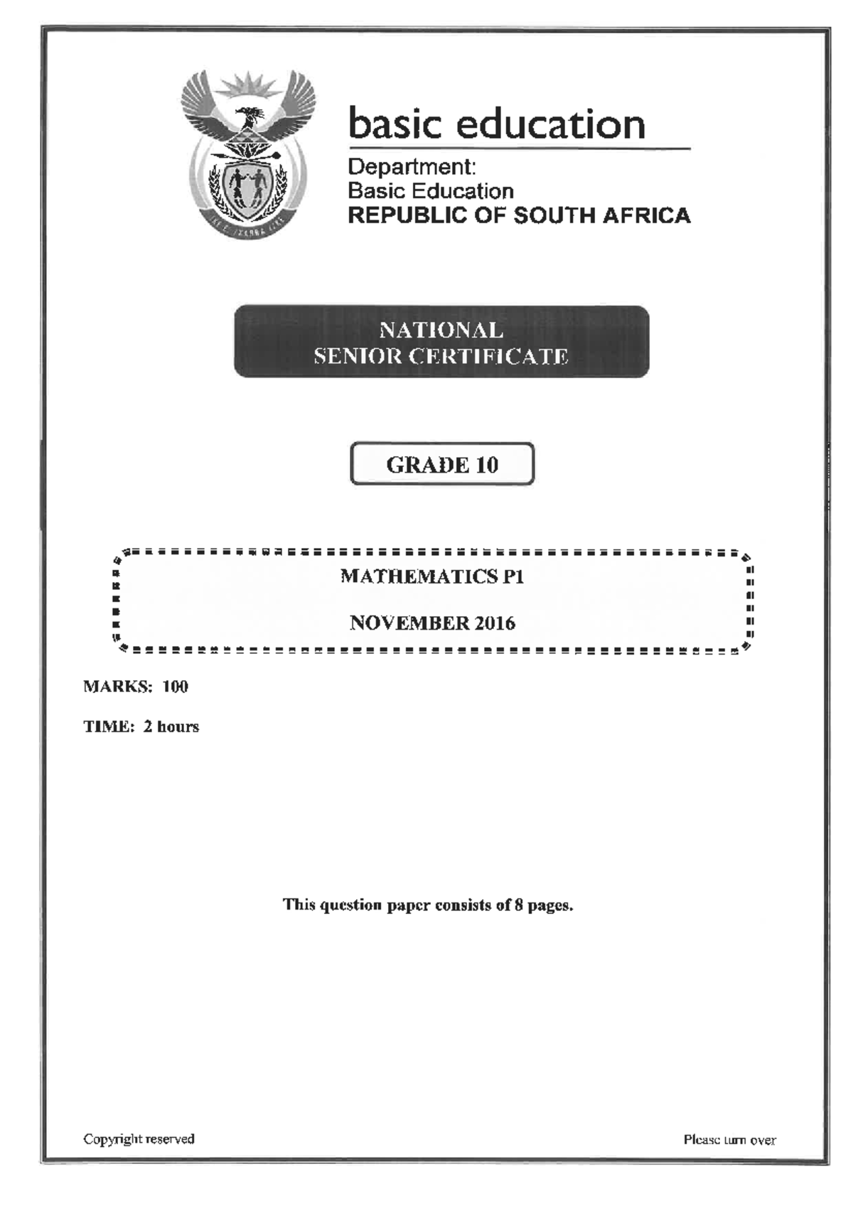 Mathematics P1 Grade 10 November 2016 Exam Review Notes - Studocu