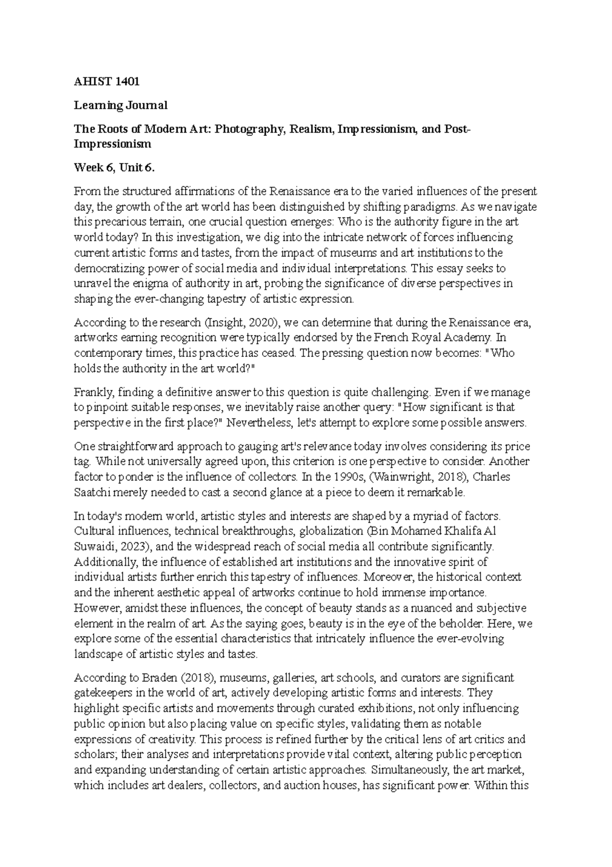 AHIST 1401 Learning Journal: Unit 6 - The Authority in Modern Art - Studocu