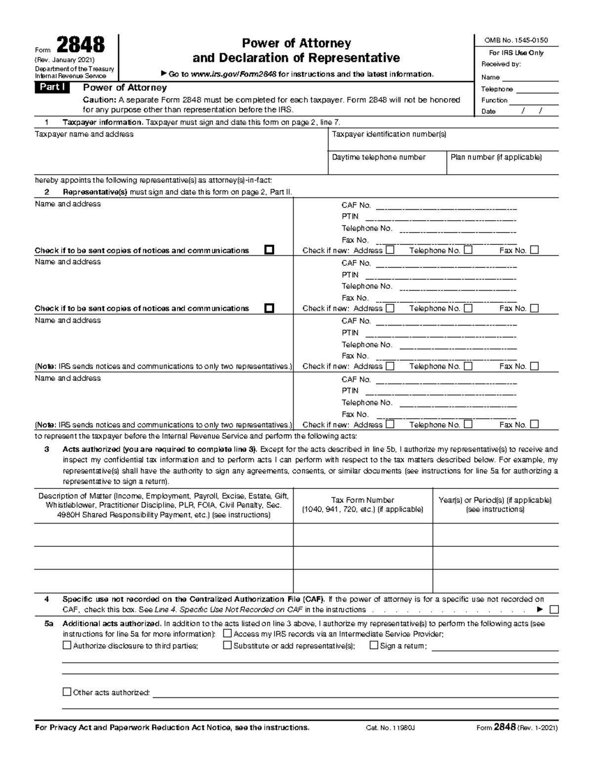 Form 2848: Power of Attorney & Declaration of Representative (Rev. 2021 ...