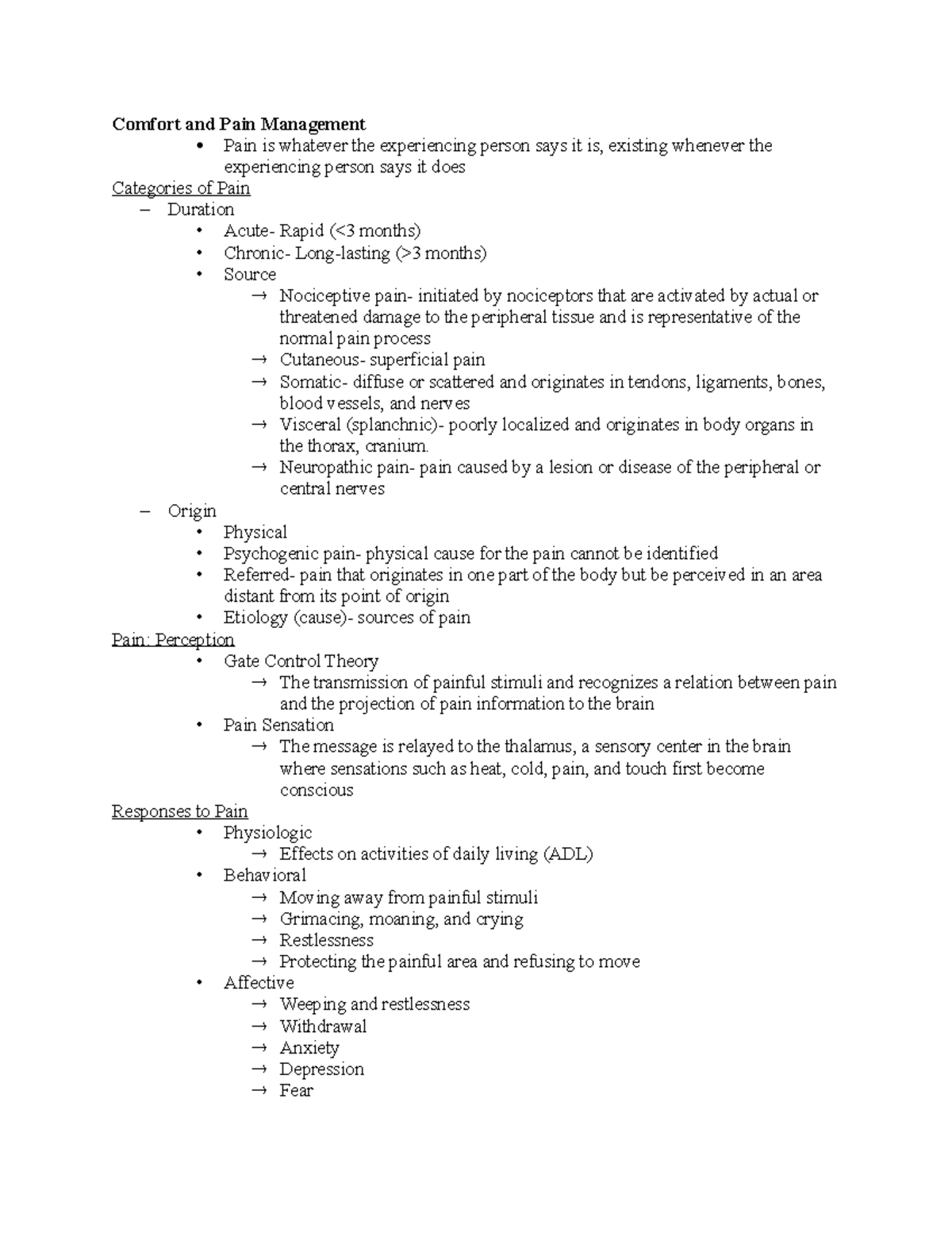 Comfort - Lecture Notes & Exam Hints for Pain Management (NURS 101 ...