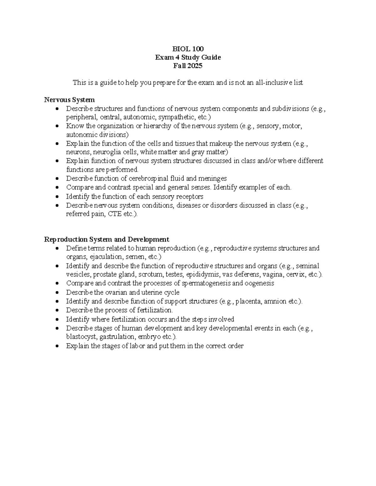 BIOL 100 Exam 4 Study Guide - Fall 2025 - Studocu