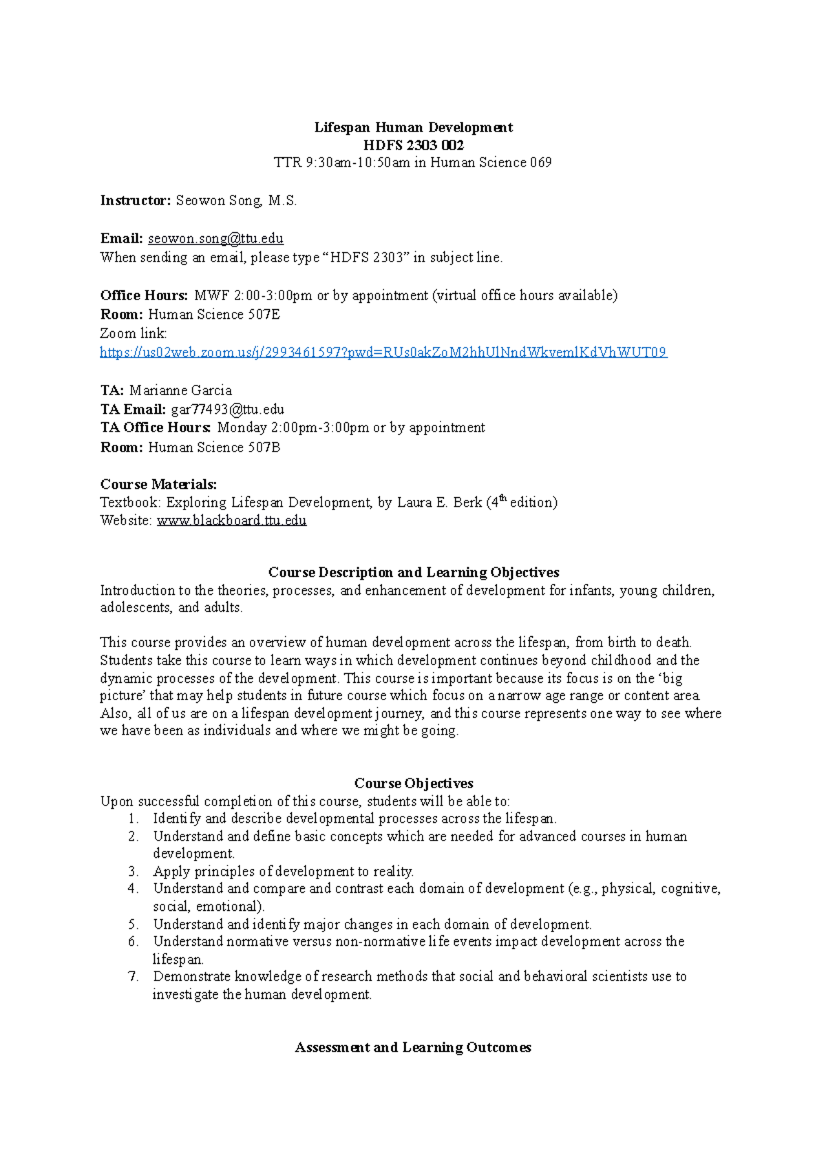 HDFS 2303-002 Course Syllabus Fall 2022 Student - Lifespan Human ...