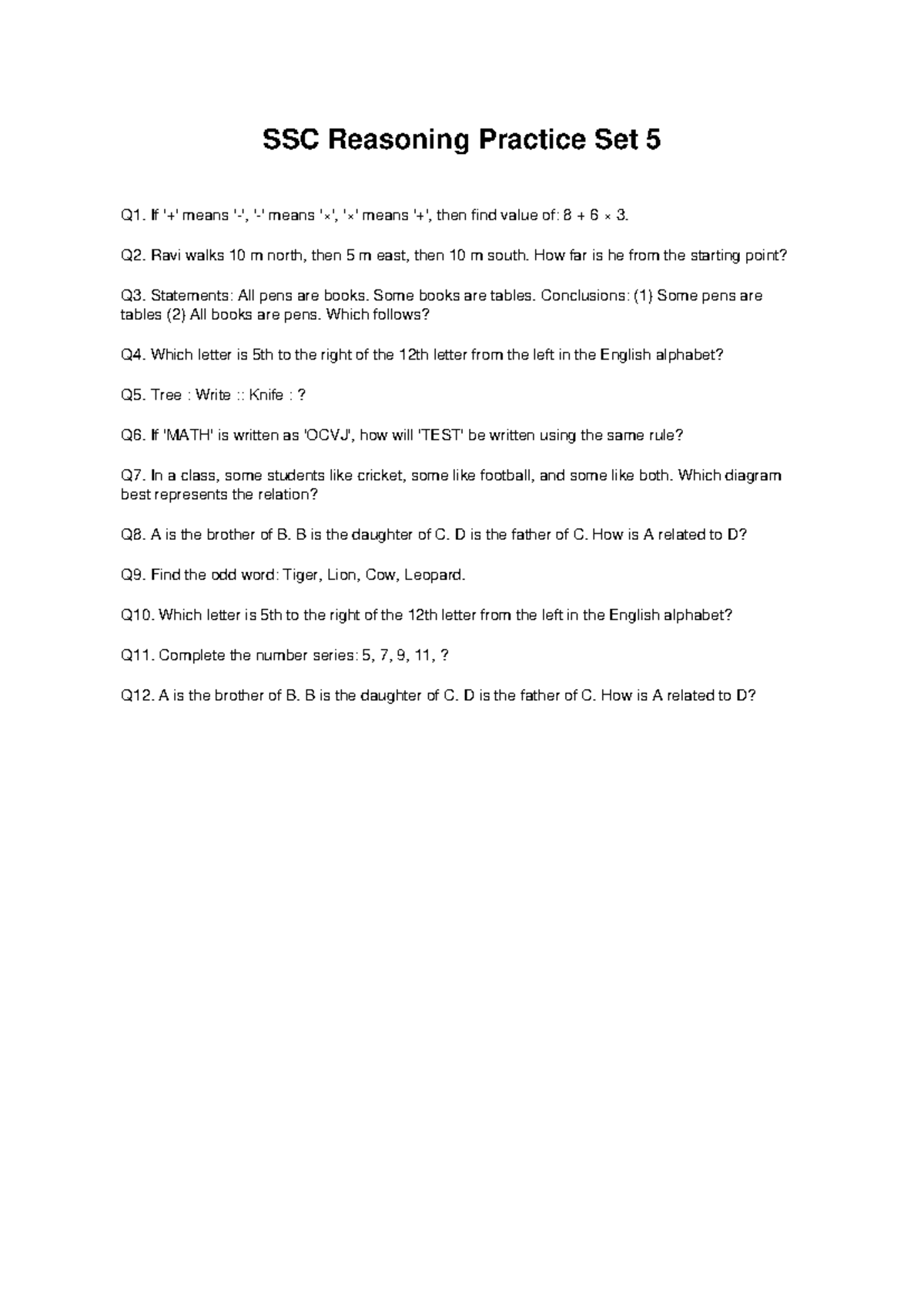 SSC Reasoning Practice Set 5: Questions and Solutions - Studocu