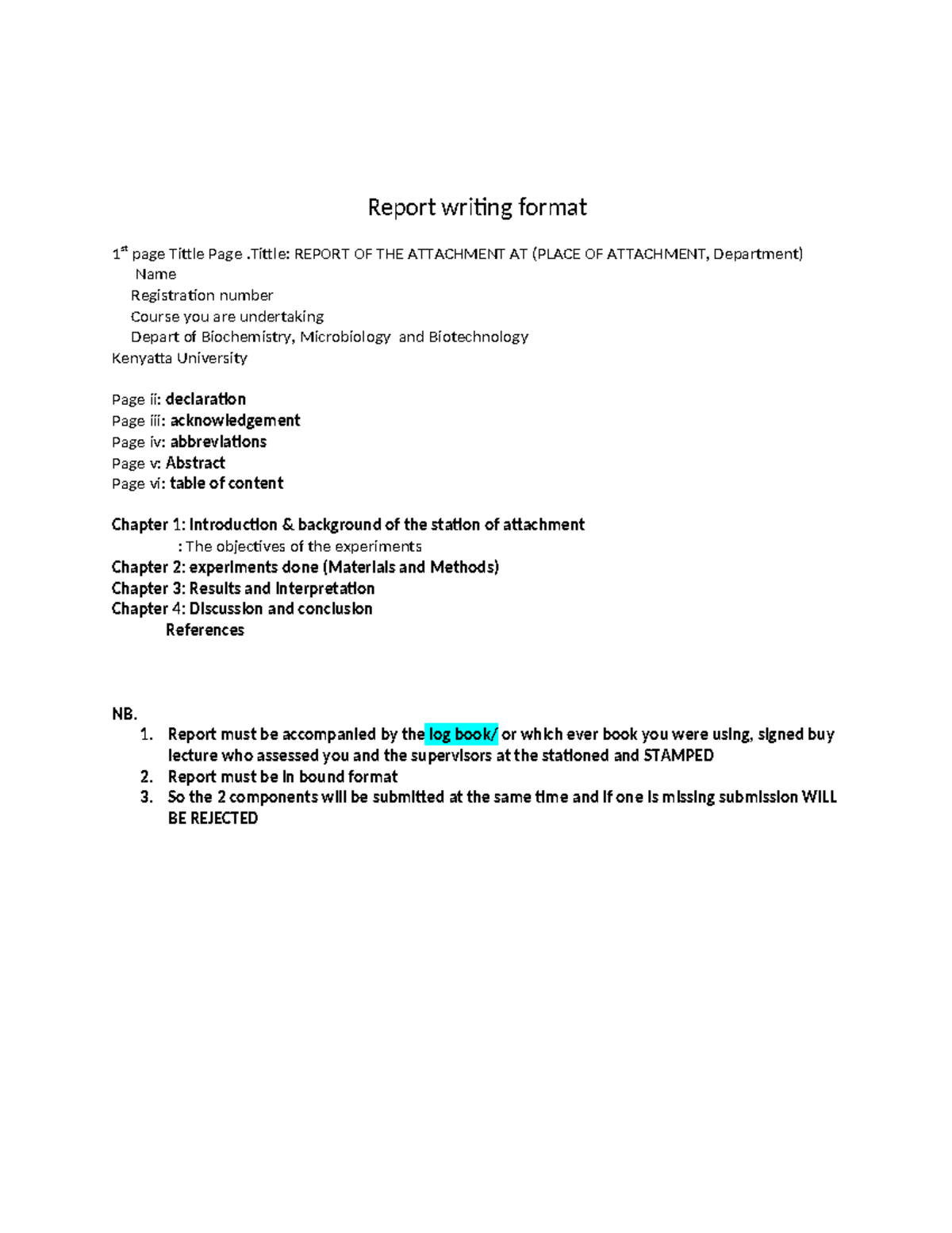 Report Writing Format for Attachment - Biochemistry & Biotechnology ...