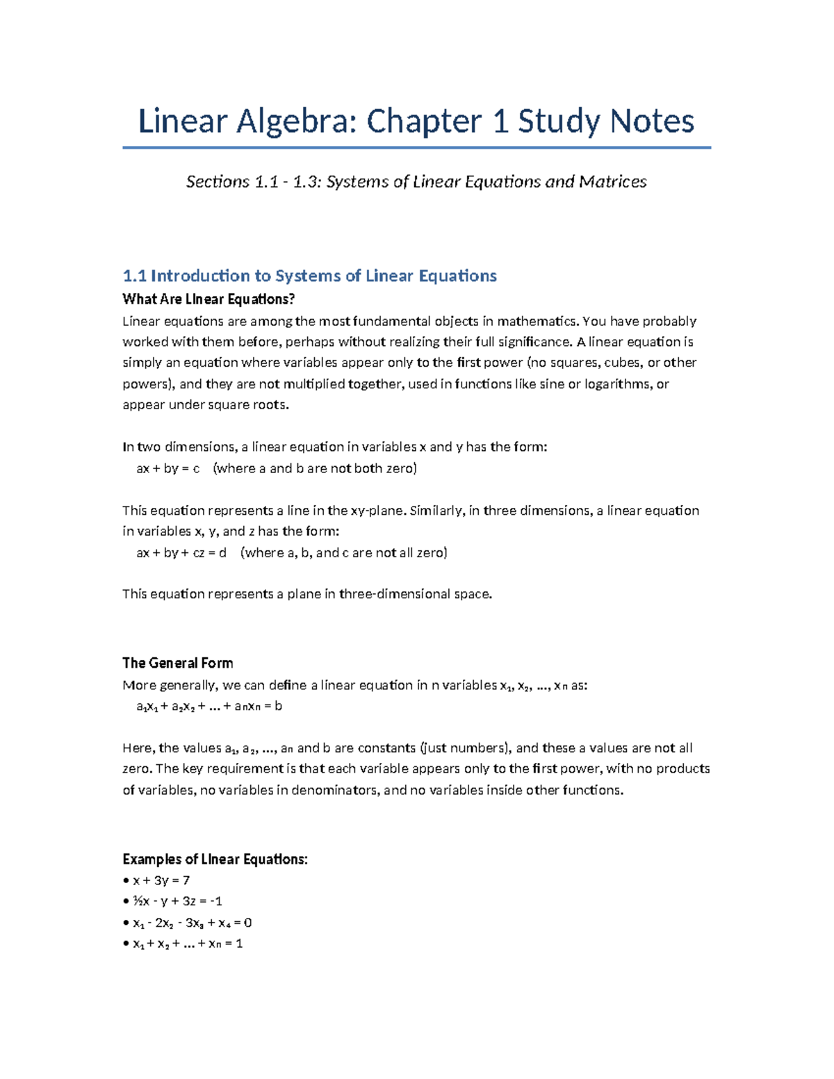 Linear Algebra (MATH101): Chapter 1 Study Notes on Linear Equations and ...