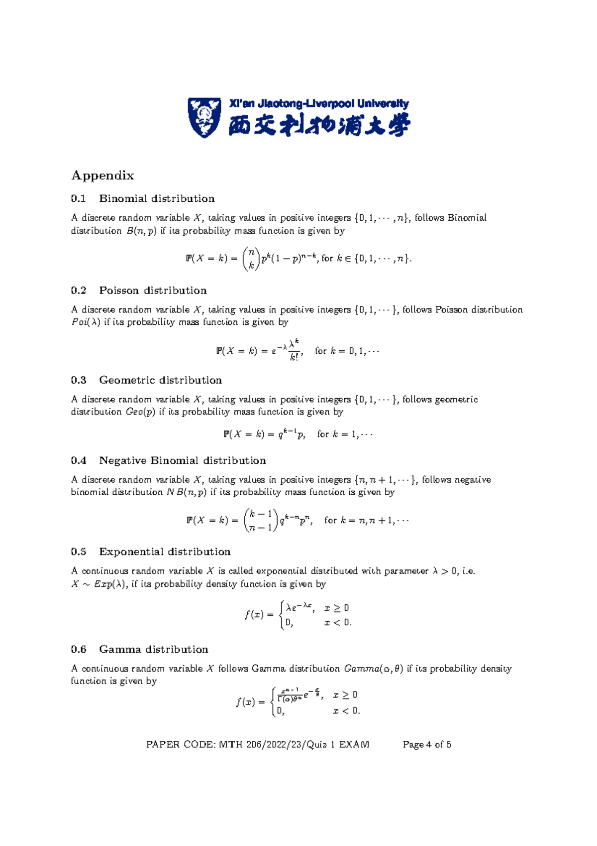 MTH 206/2022/23 Quiz 1: Probability Distributions Formula Sheet - Studocu