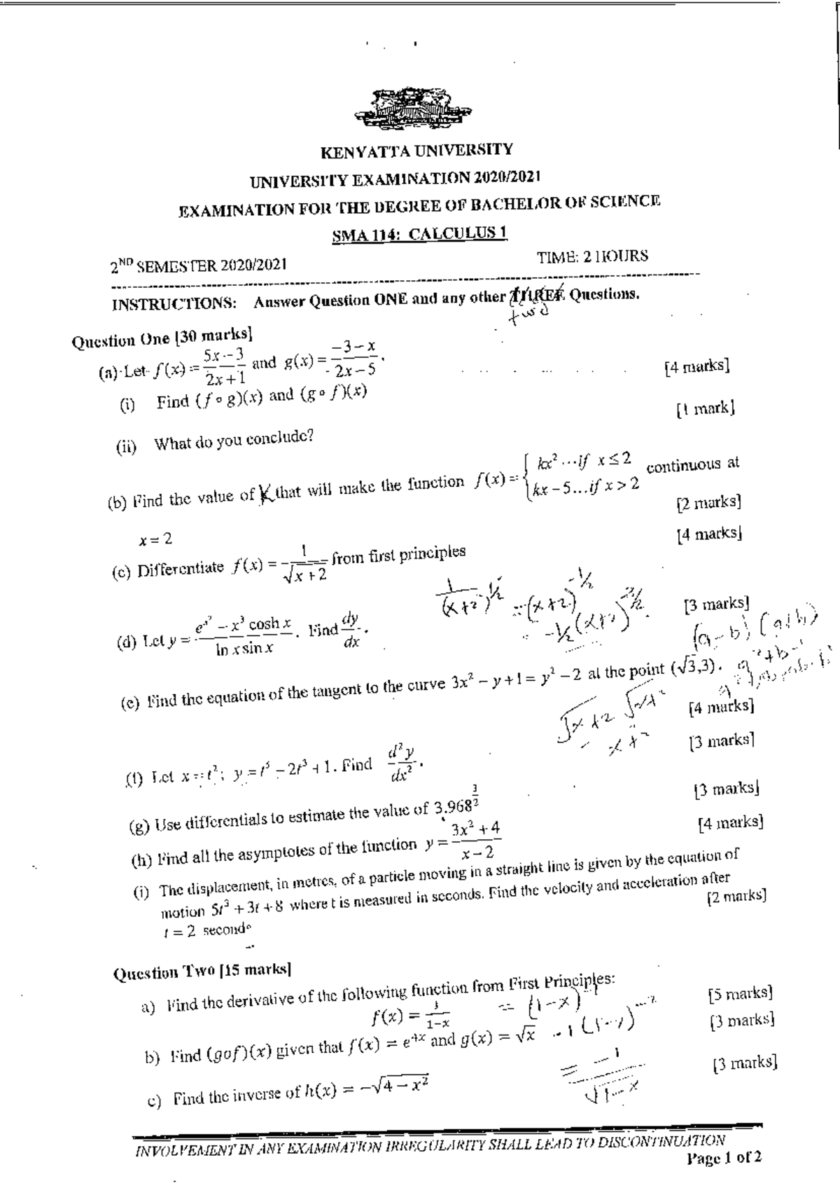 SMA 114: Calculus 1 2nd Sem Exam Questions & Solutions - Studocu