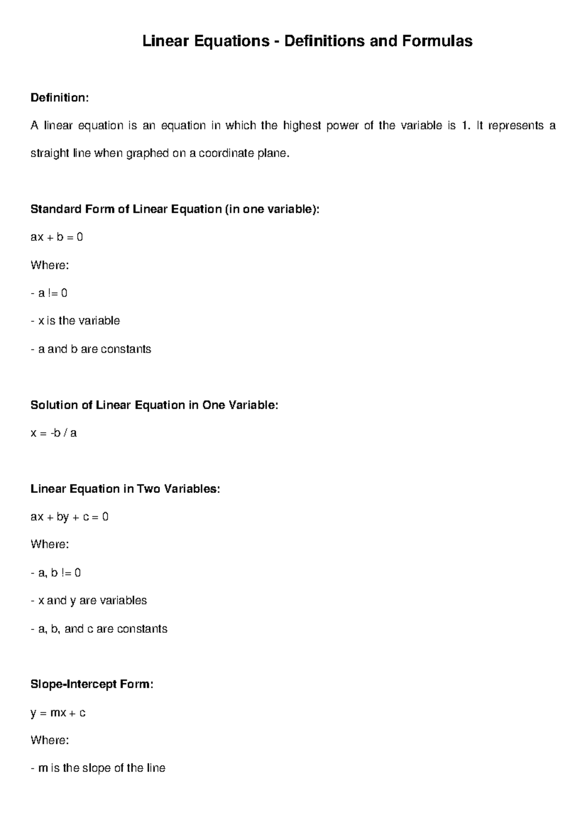 Linear Equations Notes: Definitions & Formulas for Math 101 - Studocu