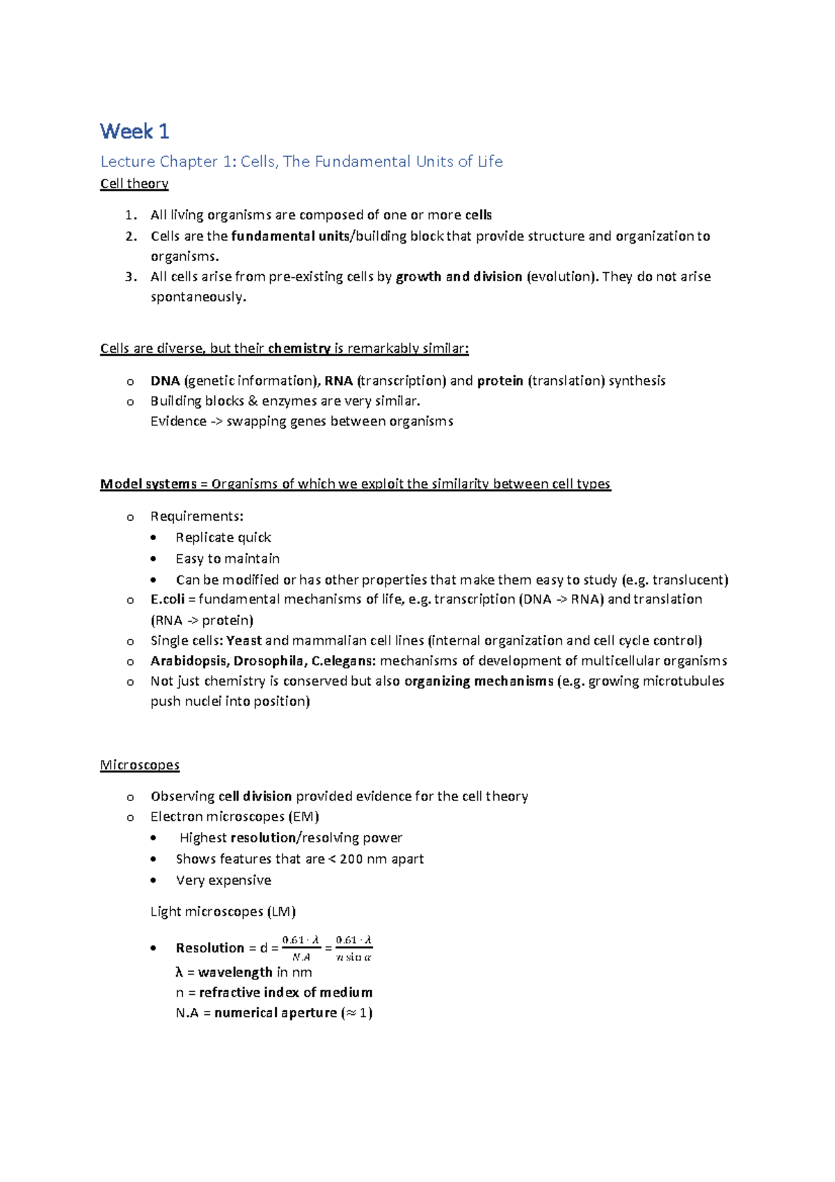 Week 1 Summary: Cells & Biochemistry - CBI10306 Lecture Notes - Studeersnel