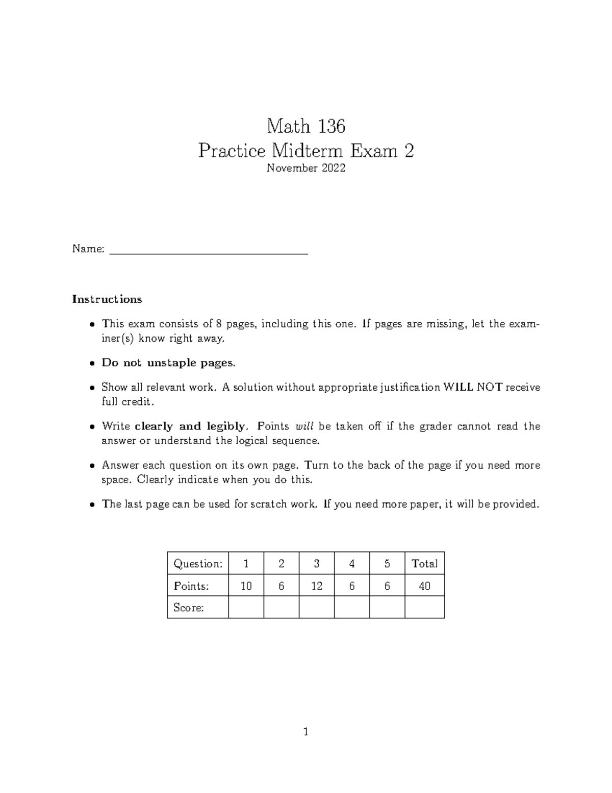 Math 136 Practice Midterm Exam 2 - November 2022 Review - Studocu