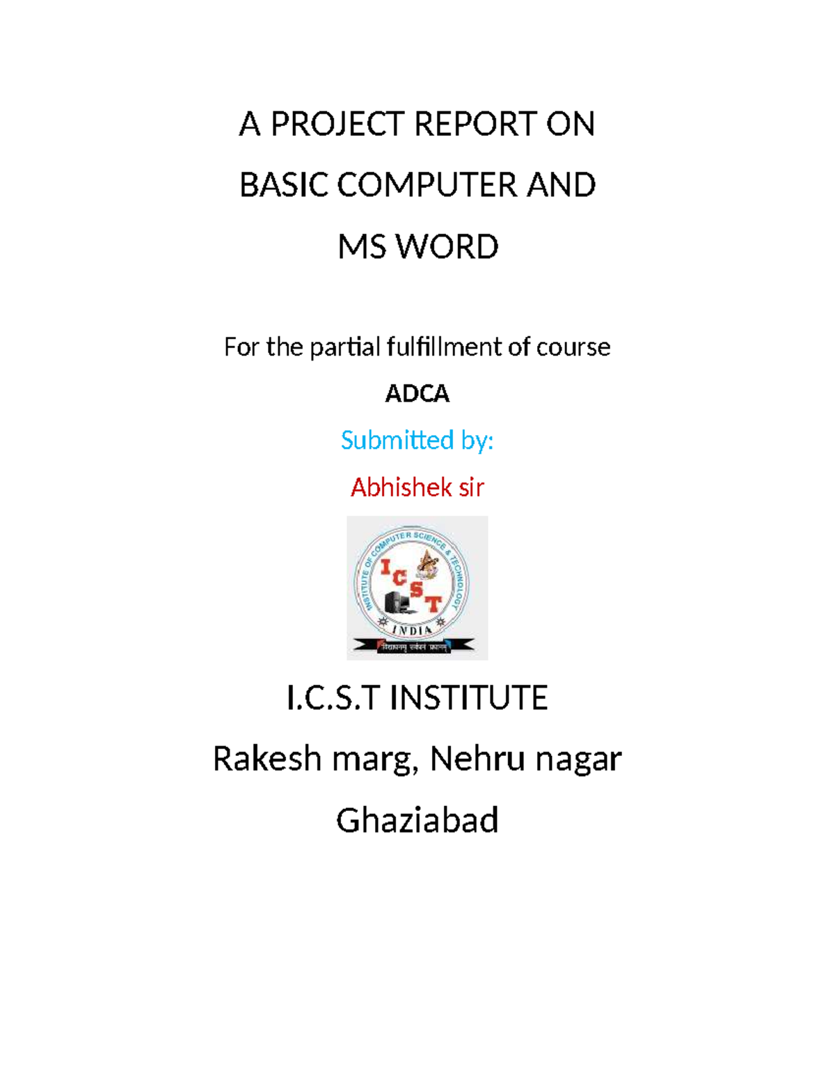 ADCA Project Report: Basic Computer & MS Word Overview - Studocu